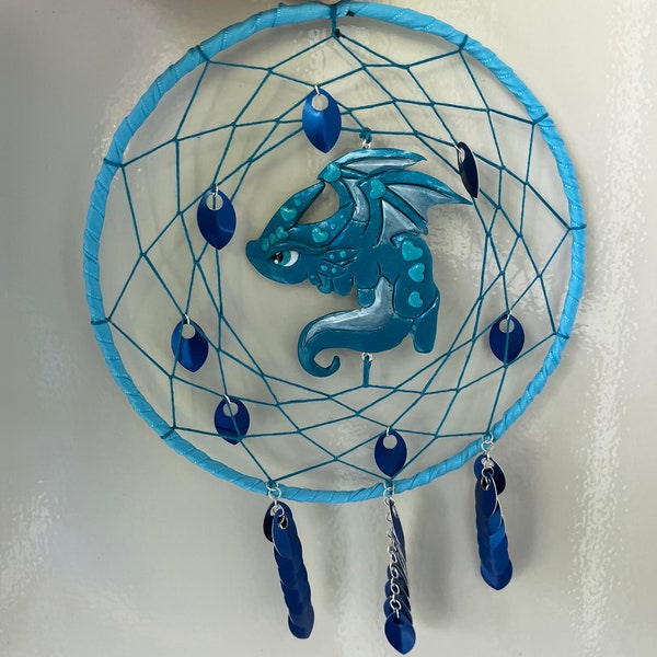 dreamcatcher dragon with scales, handmade polymer clay figurine, unique gift idea