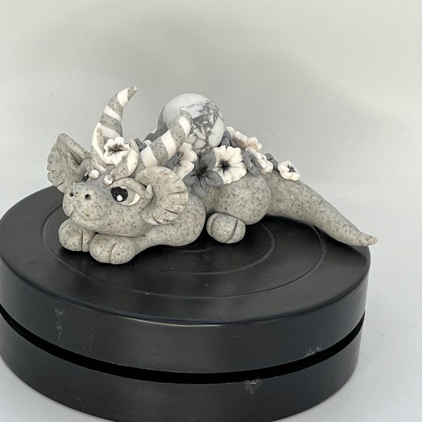 gray white sleeping flower dragon with howlite, handmade polymer clay figurine, unique gift ideas