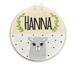 Personalized wooden sign with llama, name plate, door sign, children's room sign