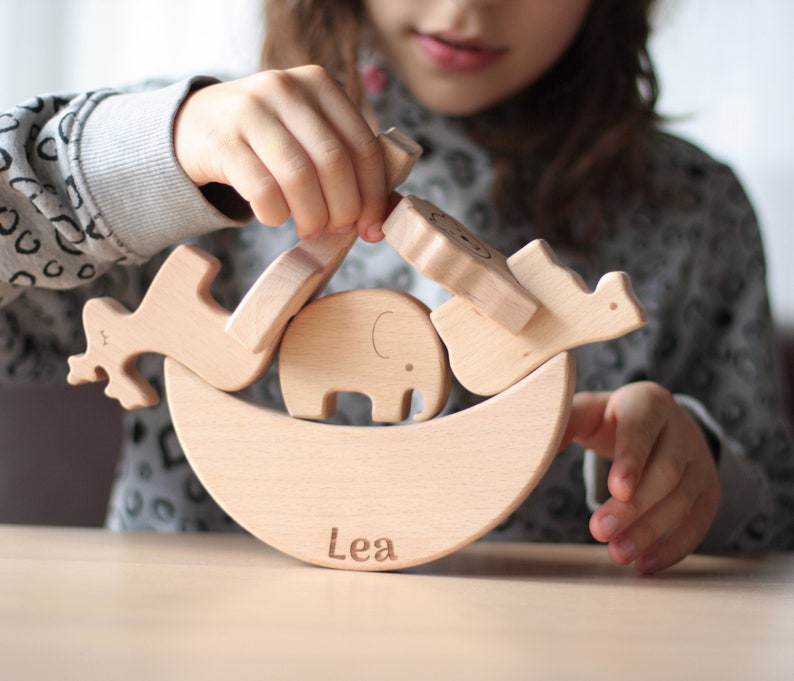 Stacking game with name, balancing game, personalized baby toy, wooden building blocks image 1