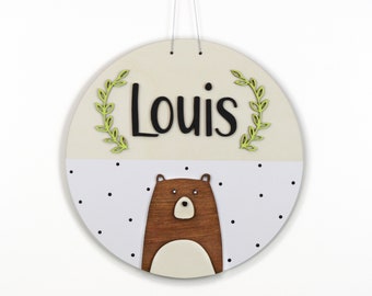 Personalized wooden sign with bear, name plate, door sign, children's room sign