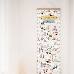 Messlatte Baustelle für Zwillinge oder Geschwister personalisierbar - Ein liebevolles Accessoire für das Kinderzimmer - Geschenk zur Geburt