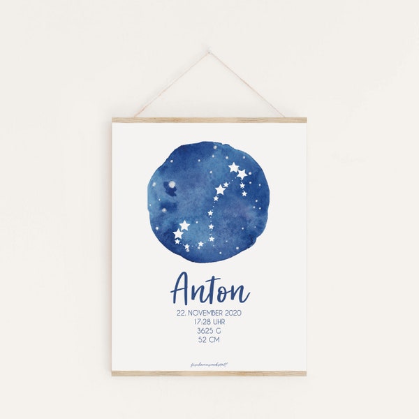 Birthprint STERNZEICHEN -  Aquarell Sternenhimmel - Zodiac Geburtsposter Namensposter Neugeborene Baby