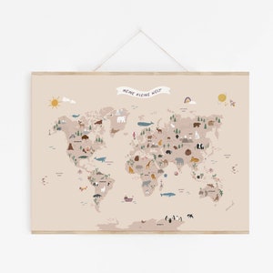 Lernkarte / Weltkarte für Kinder bis zu 50x70 cm groß Beige/Rosa - Meine kleine große Welt Kinderweltkarte Tierweltkarte Weltposter Mädchen