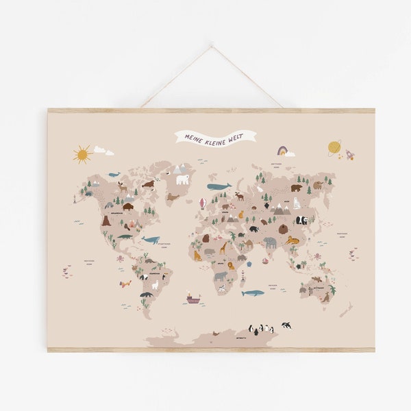 Lernkarte / Weltkarte für Kinder bis zu 50x70 cm groß Beige/Rosa - Meine kleine große Welt Kinderweltkarte Tierweltkarte Weltposter Mädchen