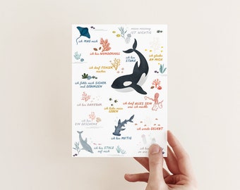 Affirmationskarte SEALIFE -  Postkarte mit Ermutigungen - Ermutigungskarte Affirmationen für Einschulung und Kindergarten - Meer Wal Maritim