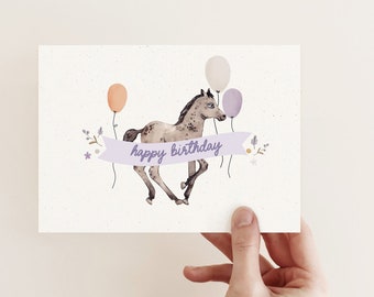 POSTKARTE Happy Birthday - Pferdeliebe - Glückwunschkarte Pferd Fohlen Luftballon Einladungskarte Geburtstagsfeier Kindergeburtstag Blumen