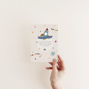 POSTKARTE  Endlich Schulkind - RAKETE - Glückwunsch zur Einschulung 1. Schuljahr Schulklasse Schultüte Schulkind Weltraum Weltall Planet