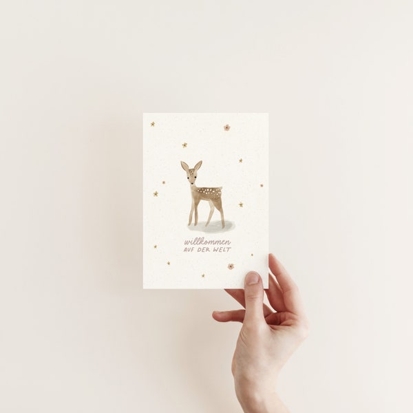 POSTKARTE - Willkommen auf der Welt – Oh Deer - hallo Baby - Boho natural edition Newborn Glückwunsch Baby Reh Bambi Dry Flowers Waldtier