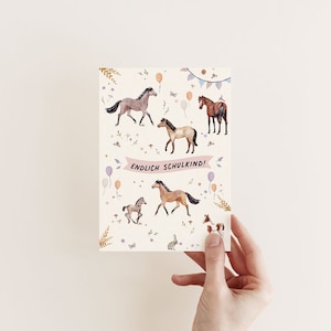 POSTKARTE Einschulung - Pferde - Pony Blumen Konfetti Glückwunsch Einschulung 1. Schuljahr Schulklasse Schultüte Munkenpapier Pastell Wimpel