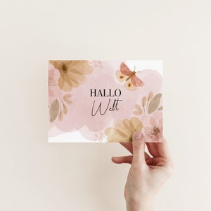 POSTKARTE Hallo Welt - Floral Edition - Schwangerschaftsverkündung - zur Geburt - Schmetterling Geburtskarte Karte Baby schwanger rosa