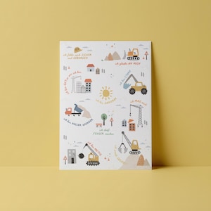 Könnte beinhalten: Ein Kinderposter mit Illustrationen von Baumaschinen und Gebäuden. Das Design beinhaltet einen Muldenkipper, einen Bagger, einen Kran und Text auf Deutsch. Die Farbpalette umfasst Orange-, Blau- und Gelbtöne. Geeignet für ein Kinderzimmer.