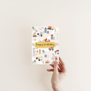 POSTKARTE Happy Birthday - Baustelle  - Glückwunschkarte Konfetti Einladungskarte Kindergeburtstag Bagger Kran Einladung Hausbau Garten