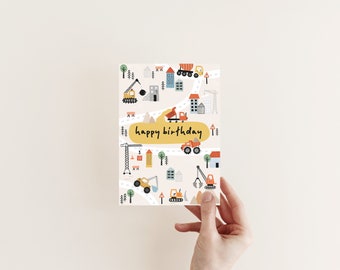 POSTKARTE Happy Birthday - Baustelle  - Glückwunschkarte Konfetti Einladungskarte Kindergeburtstag Bagger Kran Einladung Hausbau Garten