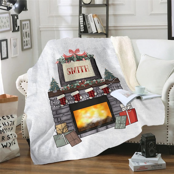 Christmas Fireplace Personalized Sherpa or Fleece Blanket