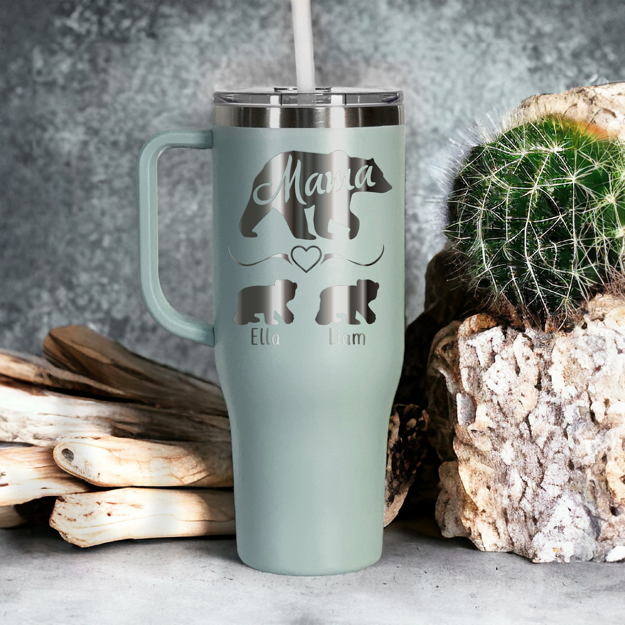 Personalized Mama Bear 40oz Tumbler with Engraved Name/Text，Custom Mom  Travel Coffee Mug Cup with Handle & Straw & Lid- Personalized Mothers Day  Gift