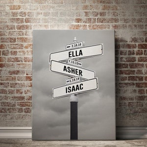 Personalized Street Sign Family Name Canvas,  Perfect Mothers Day Gifts, Gifts For Wife, Mom From Daughter,  Gift w Kids Birth Dates & Names