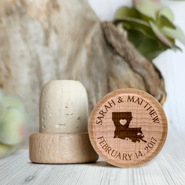 Louisiana Personalized Cork Wine Stopper, Wedding Favors for Louisiana Weddings, Louisiana Wedding Gifts, Indiana Wedding Favors