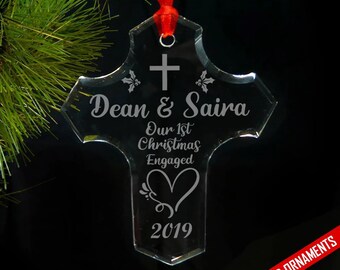 1st Christmas Engaged Personalized Laser Engraved Glass Ornament
