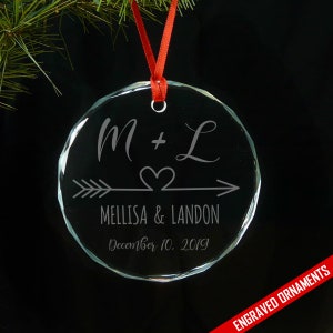 Initials And Arrow Heart Personalized Laser Engraved Glass Ornament, Christmas Ornaments, Engraved Ornaments