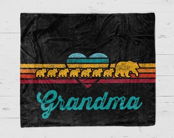 Retro Sunset Mama Bear Personalized Blanket with Cubs, Personalized Mothers Day Blanket Gift, Premium Extra Soft Custom Mom Blankets