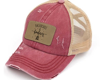 Backroads And Bonfires Premium Ponytail Hat, Ponytail Hat, Unique High Ponytail Criss Cross Distressed Cap