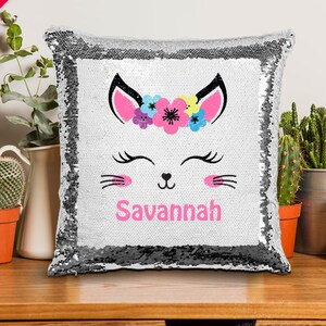 Cute Kitten Sequin Pillow, Personalized Kitten Mermaid Sequins Pillow, Cat Pillow, Kitten Gift For Girls