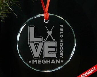 Love Hockey Personalized Laser Engraved Glass Ornament
