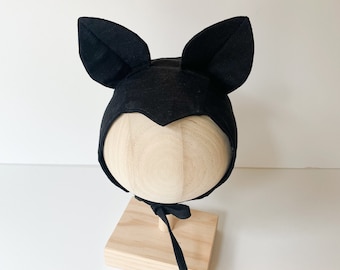 Black baby bonnet, black bonnet, bat baby hat, black bat baby costume, handmade baby bonnet, baby bat costume