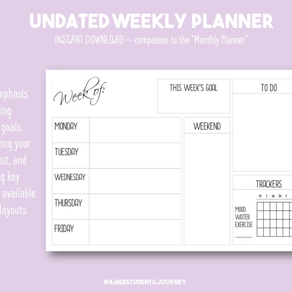 Minimalist Undated Weekly Planner Downloadable or Printable for Life Organization iPad Pro Instant Download