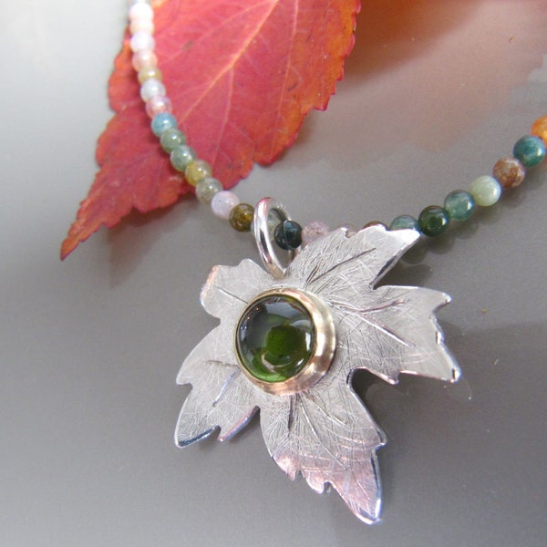 Chain pendant silver 925 and gold 750 with green tourmaline maple leaf