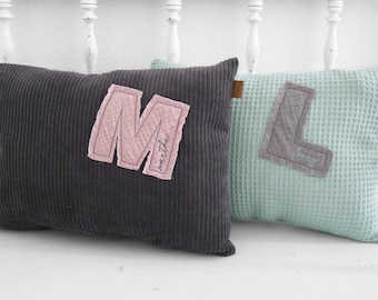 Pillow with name / muslin letter / initial / corduroy / waffle fabric / embroidered / baby / gift / christening