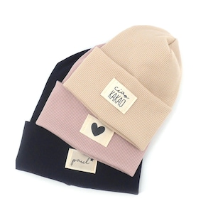 Doppelbeanie Rib Jersey mit personalisiertem Patch  I viele Farben I Patchauswahl I Hipster Mütze I warm