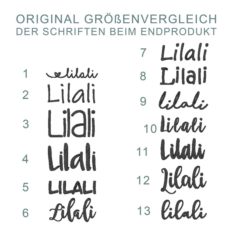 May include: A white background displays a comparison of 13 different font styles for the word "Lilali". The fonts vary in style, from simple block letters to more decorative, cursive designs. The text "ORIGINAL GR&Ouml;BENVERGLEICH DER SCHRIFTEN BEIM ENDPRODUKT" is at the top.