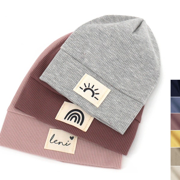 Beanie Rib Jersey mit personalisiertem Patch  I viele Farben I Patchauswahl I Hipster Mütze