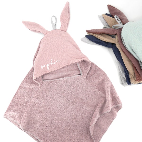 Poncho de bain avec oreilles de lapin et personnalisation I serviette de bain I avec nom I plusieurs couleurs I éponge I mousseline