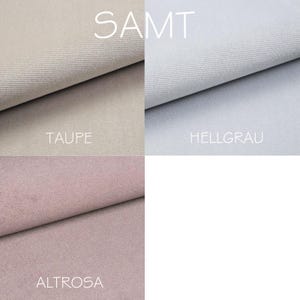 May include: A fabric swatch image showcasing four different colors of velvet material. The colors include taupe, light gray, and a dusty rose. The word "SAMT" is written in white across the top of the image.