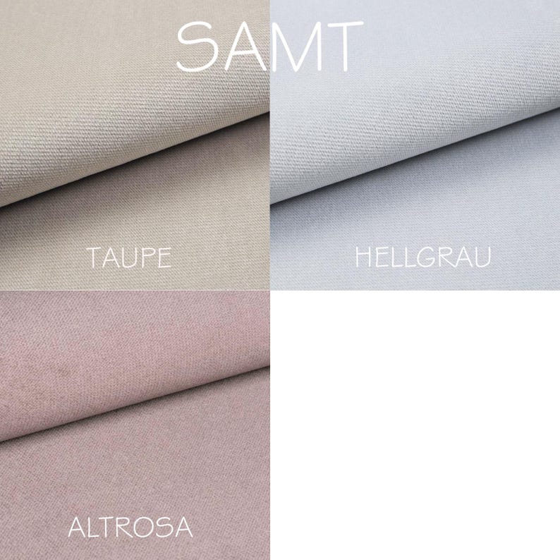 May include: A fabric swatch image showcasing four different colors of velvet material. The colors include taupe, light gray, and a dusty rose. The word "SAMT" is written in white across the top of the image.
