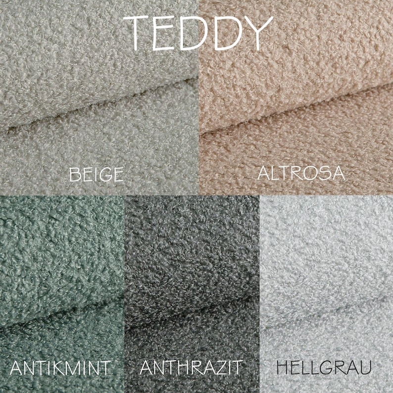 May include: Close-up of six swatches of teddy bear fabric in various colors. The colors include beige, light brown, mint green, dark gray, and light gray. The word "TEDDY" is at the top of the image.