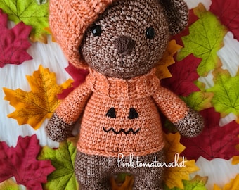 May include: A brown crocheted teddy bear wearing an orange crocheted pumpkin hat and sweater with a jack-o-lantern face. The bear is surrounded by fall leaves.