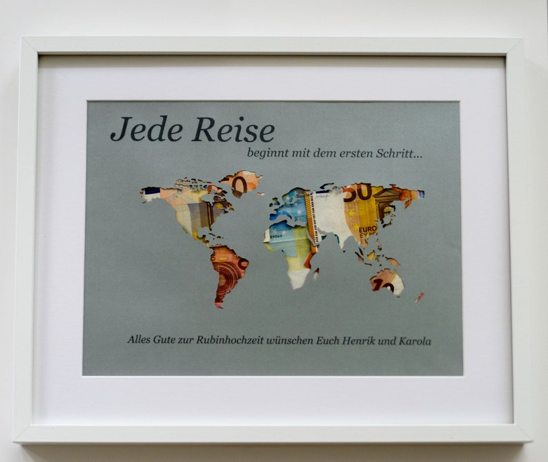 personalisierte Geldgeschenk Weltkarte Hochzeit A3 mit Rahmen Bild 2