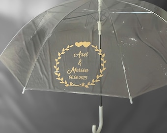 Regenschirm Durchsichtig mit Namen und Datum in Wunschfarbe personalisiert- Ideal zur Hochzeit bei Regen - Perfekt für Zwei