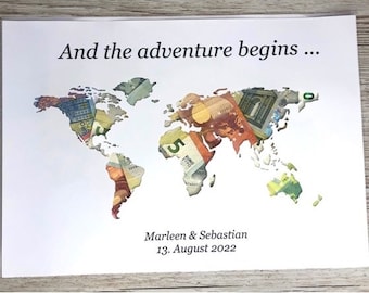 A3 The Adventure Weltkarte Geldschenk Reise Hochzeit ohne Rahmen