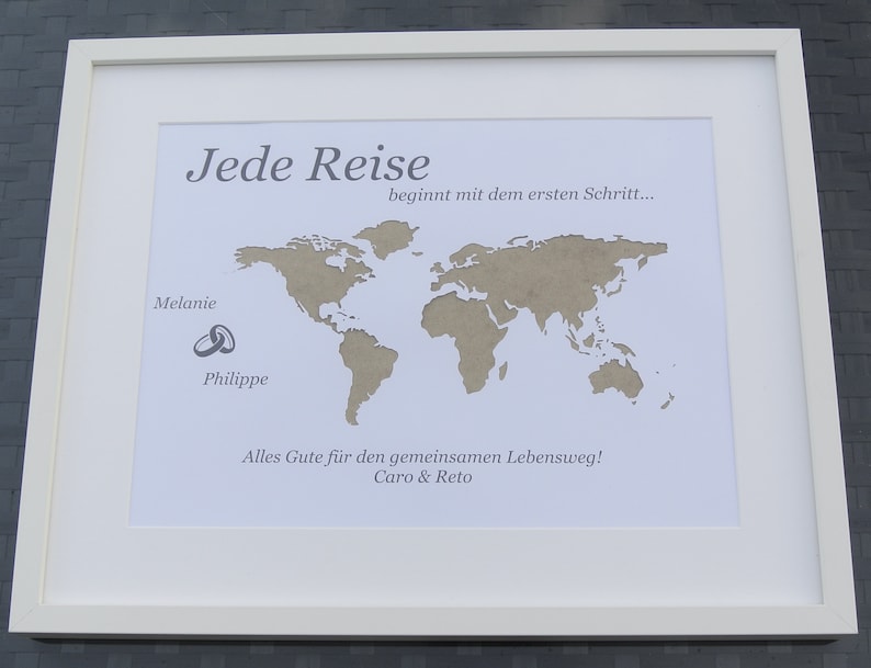 personalisierte Geldgeschenk Weltkarte Hochzeit A3 mit Rahmen Bild 3