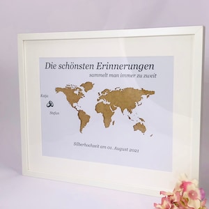 personalisierte Geldgeschenk Weltkarte Hochzeit A3 mit Rahmen Bild 1