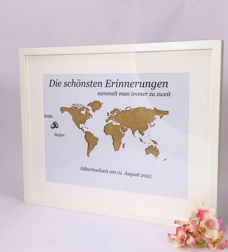 personalisierte Geldgeschenk Weltkarte Hochzeit A3 mit Rahmen Bild 1