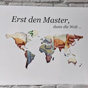 Personalisiertes Passepartout in A3 aus Papier für ein Geldgeschenk (ohne Rahmen) -   Weltkarte Master - Geldgeschenk Studium