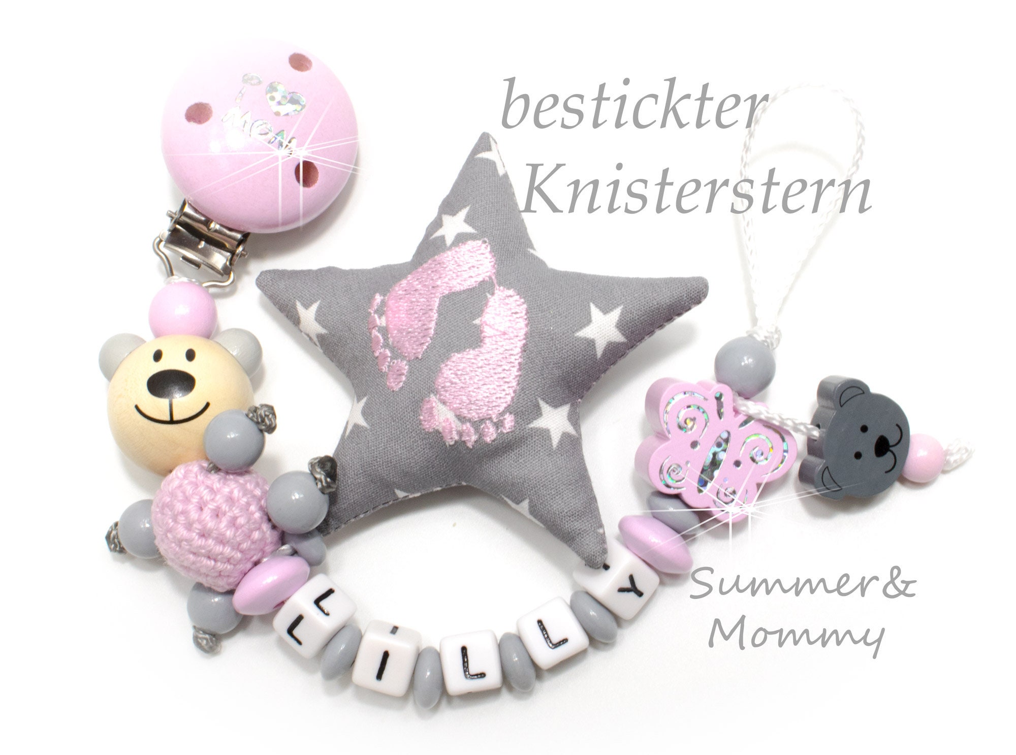 Schnullerkette mit Namen Schmetterling Mädchen rosa grau Baby