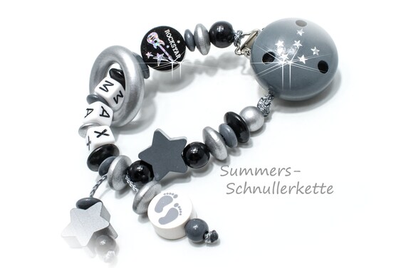 Schnullerkette mit Namen Rockstar Stern Rock Junge Mädchen schwarz grau