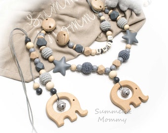 Save Set ! Stroller Chain Carriage Chain Pacifier Chain Grey Natural Wood Elephant